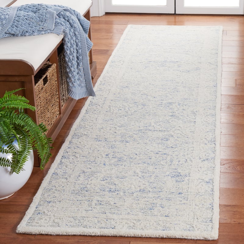 SAFAVIEH Handmade Ebony Minh Modern Wool Rug - 2'3" x 9' Runner - Blue/Ivory