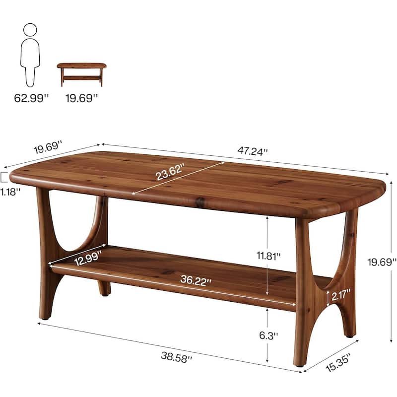 47.24" Solid Wood Coffee Table, Rectangle Mid-Century Modern Center Table - 47.24" L x 19.68" W x 19.68" H