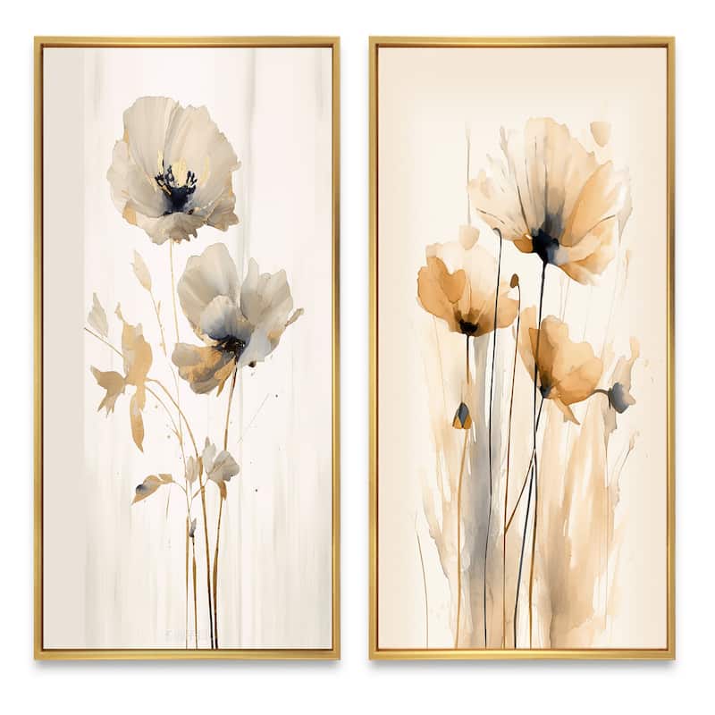 Designart "Vibrant Poppies" Floral Framed Wall Art Set Of 2 - White Wall Art Set Of 2