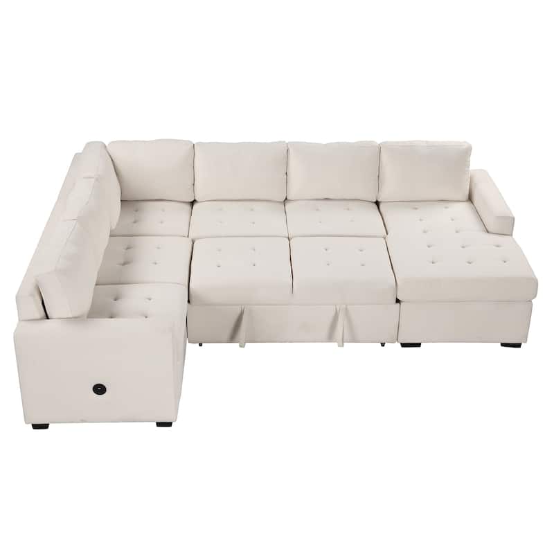 108.3" 6-Seater U-Style Sofa with Pull-Out Bed & USB Ports