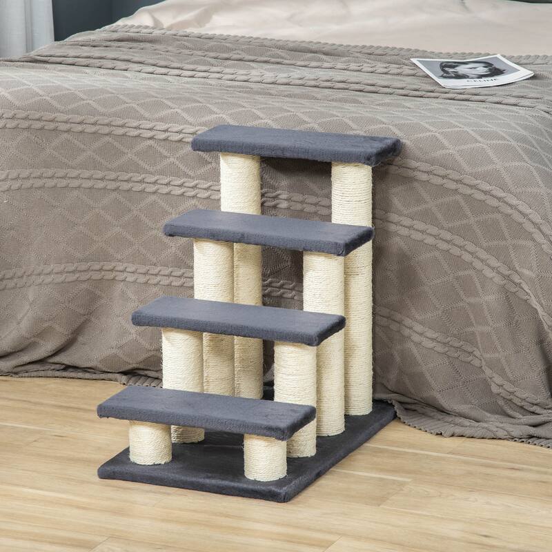 Cat Tree with 4 Steps for High Beds Couch, Cute Stair Shaped Cat Tree for Indoor Cats or Dogs w/ Sisal Scratching Post - Gray