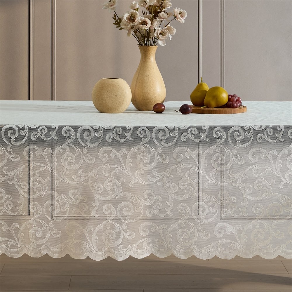 HLC.ME Scroll Lace Fabric Round Rectangle Tablecloth, Wrinkle Resistant Table cloth, Patterned Scalloped Tablecloth