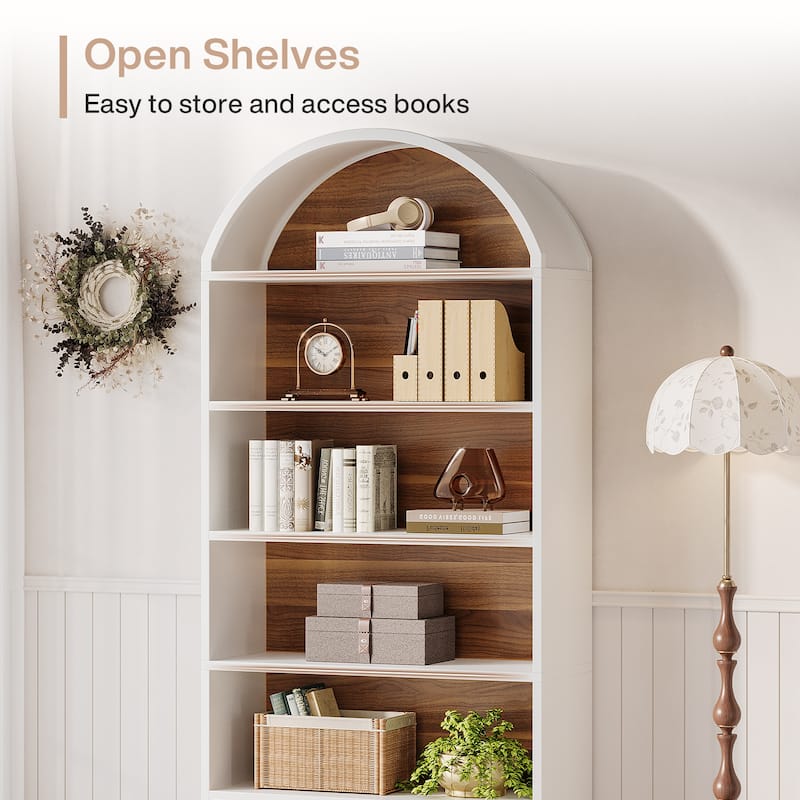 5-Tier White Arched Bookshelf with File Cabinet Drawer, 76.8" Tall Freestanding Wooden Bookcase