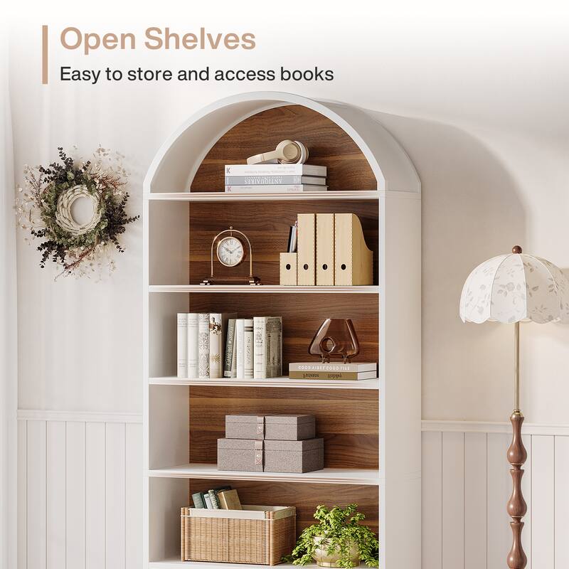 76.8" Tall Arched Bookcase, 5-Tier Modern Bookshelf with File Cabinet Drawer