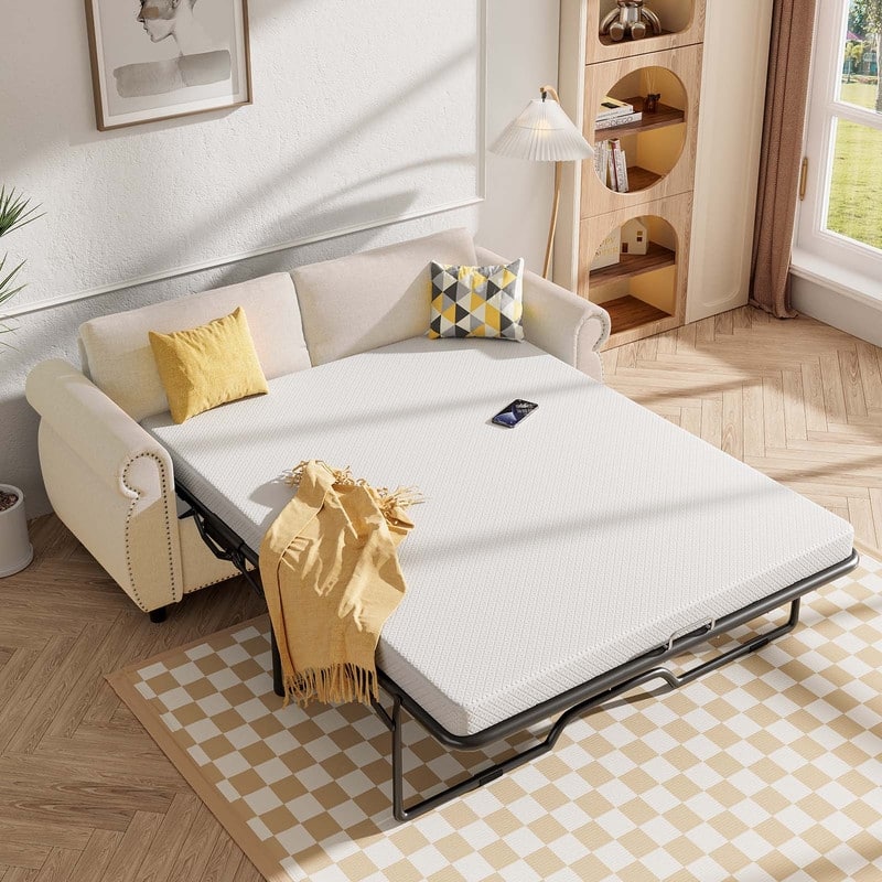 Mixoy Full/Queen Size Pull Out 2 in 1 Sleeper Sofa Bed with Mattress,Convertible Upholstered Loveseat with Nailhead