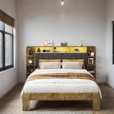 Queen Size LED Platform Bed with Charging Station,Bookcase Shelves