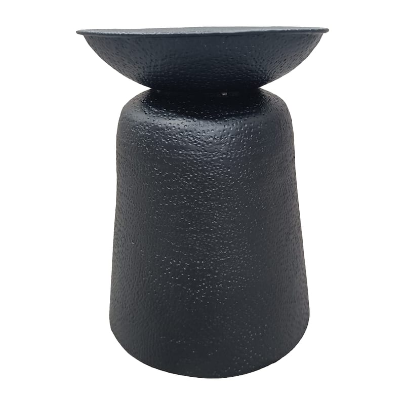 Josi 21 Inch Round Side End Table, Handcrafted Hammered Design, Drum Pedestal Aluminum Base, Matte Black