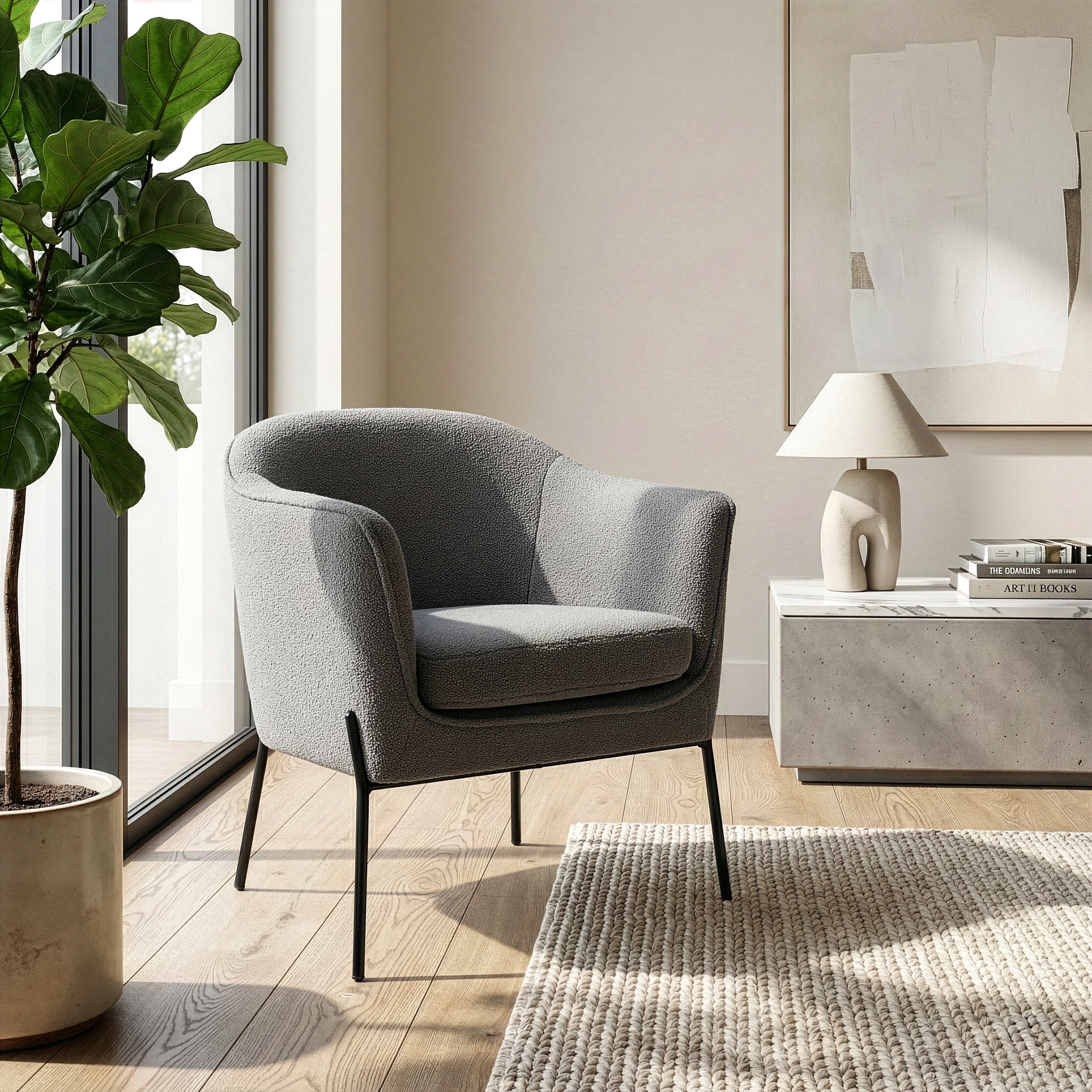 Ayame Gray Boucle Accent Chair with Black Iron Legs