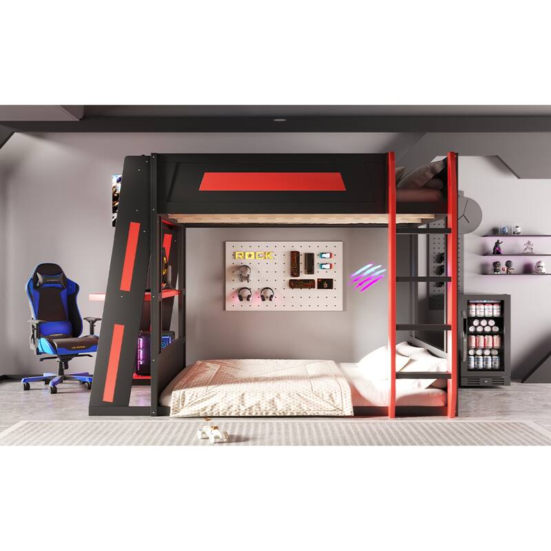 Roomfitters Queen Over Queen Gaming Bunk Bed with Desk, Storage Shelves and LED