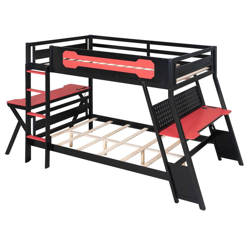 Roomfitters Full Size Bunk Bed with Two Built-In Gaming Desks, USB Ports and Pegboard