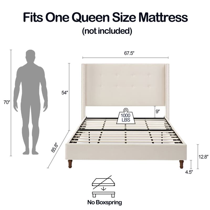 Upholstered Queen Bed,54" High Headboard,Hand Buttoned Tufting,Nailhead Trim Wingback,No Box Spring Needed,Velvet