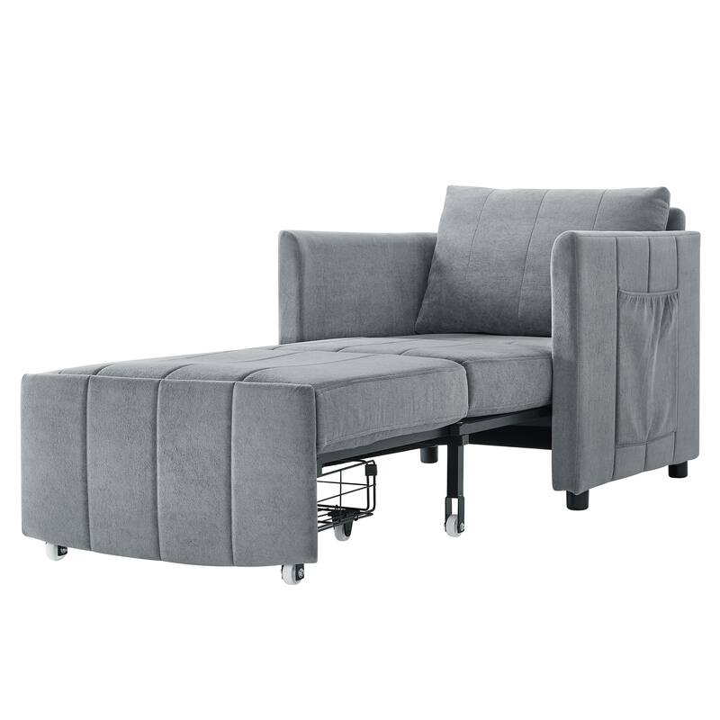 31.5" Pull Out Convertible Sleeper Sofa with 5-Position Adjustable Backrest, Side Pockets, Storage Basket, Grey Chenille