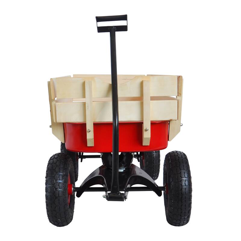 All-Terrain Yard Cart - Adjustable Handle, Large Capacity, Steel and Wood Construction with 180° Steering - Metal