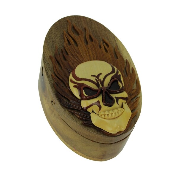 Hand Carved Wooden Fiery Skull Trinket Puzzle Box - 2.75 X 5.75 X 3.75 inches
