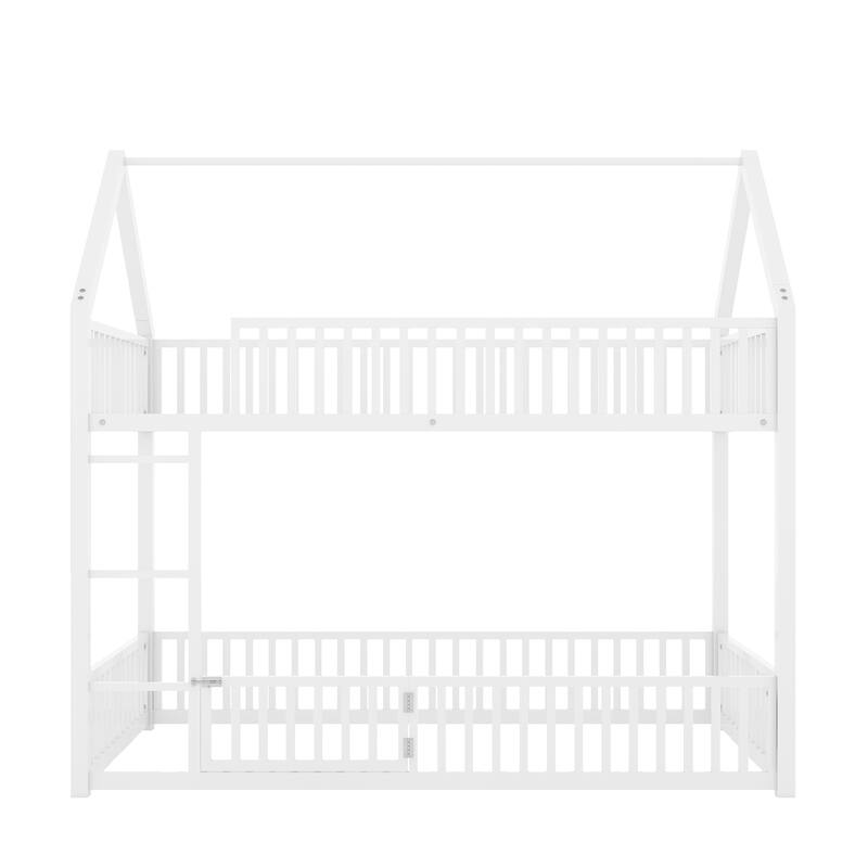 White Metal Twin over Twin Bunk Bed with House Frame, Fence Guardrails, and Small Door
