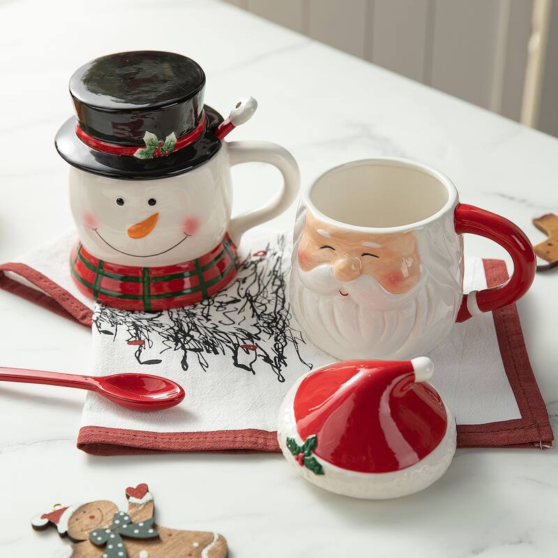 Glitzhome Christmas Dolomite Santa & Snowman or Tree Mug with Lid and Spoon