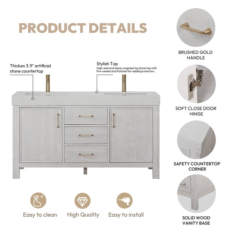 Leon 60 in. Double Bathroom Vanity with Composite Stone Top