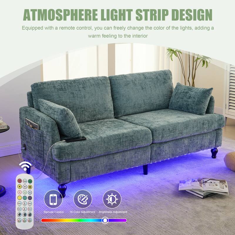 Modern Style Chenille 2-Seater Wood-Legged Sofa With Led Light, Usb Charging Port And Storage Bag Living Room Bedroom Study Room
