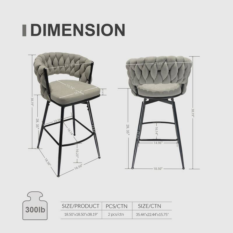 Linen Woven Bar Stool Set of 2, Counter Height Bar Stools with Back, Upholstered Kitchen Island Chairs with Footrest