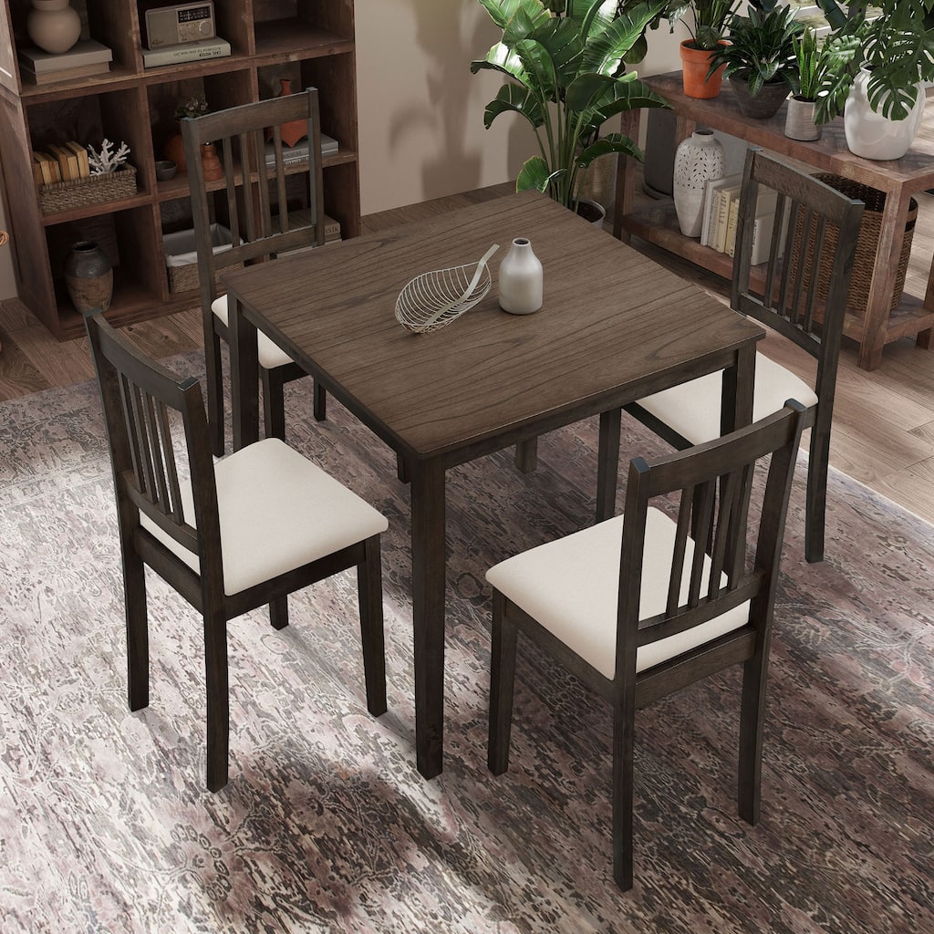 5 Pcs Wooden Dining Table Set, Kitchen Table and Chair Set with Square Dining Table and 4 Upholstered Dining Chairs