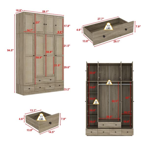 dimension image slide 3 of 4, Rattan-Accented Wardrobe - Spacious Clothing Organizer with Style
