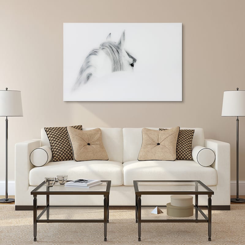 "Blanco Mare Horse" Frameless Free Floating Tempered Glass Panel Graphic Wall Art