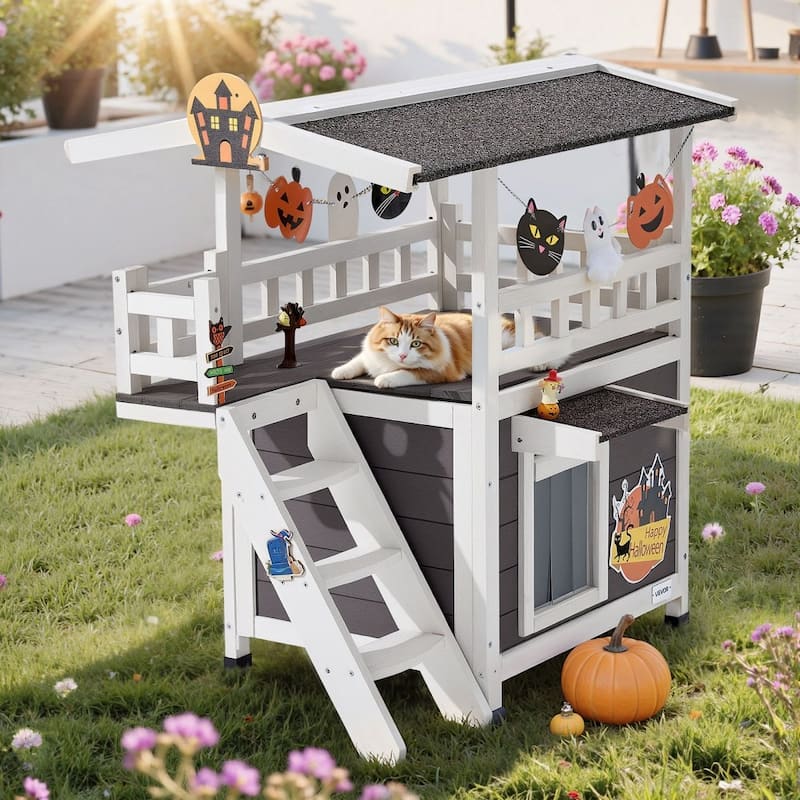 Outdoor Wooden Cat House with Balcony and Waterproof Roof Elevated Shelter for Sunbathing