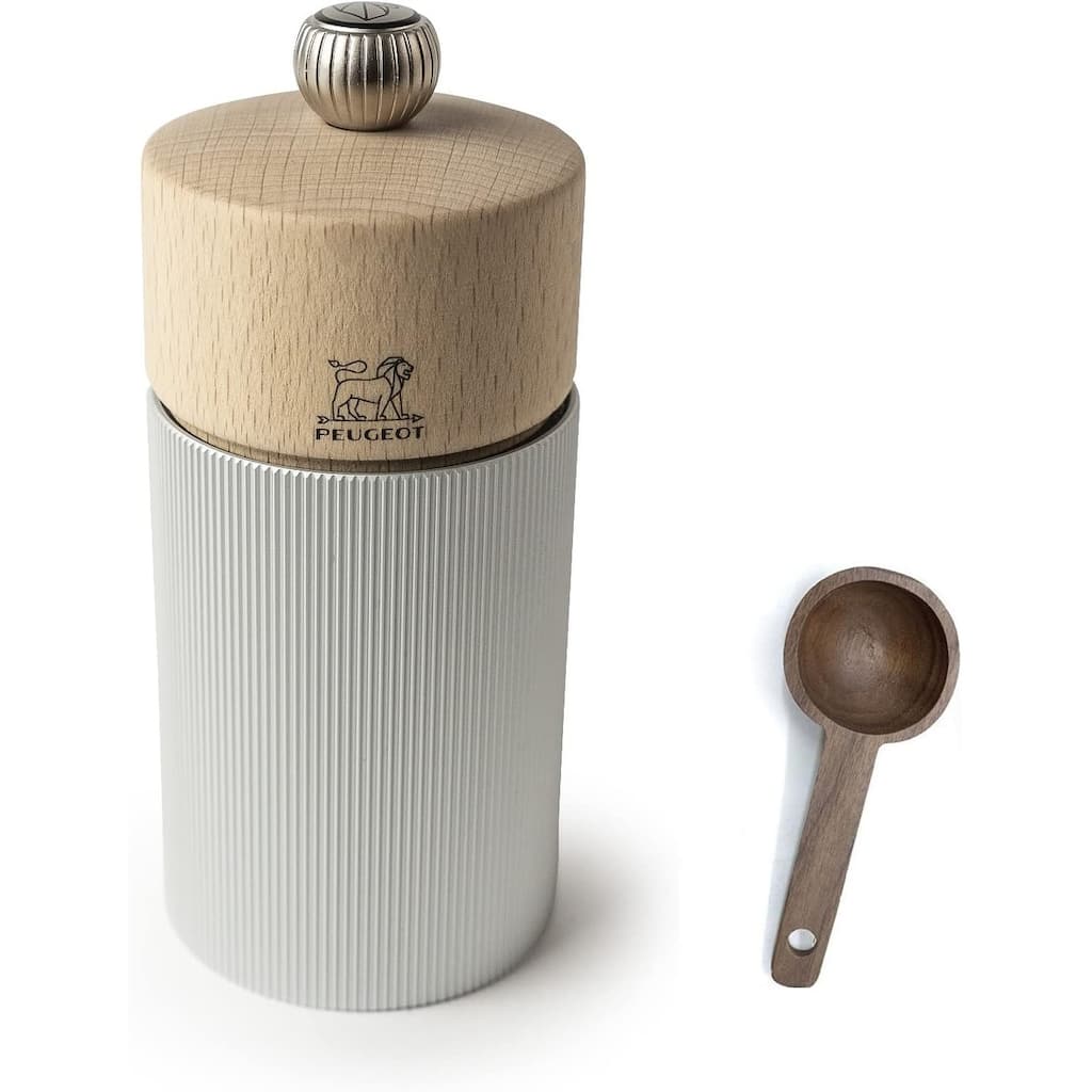 Peugeot Line Manual Pepper Mill, alu, 12 cm - 4.75" Natural Wood - With Wooden Spice Scoop