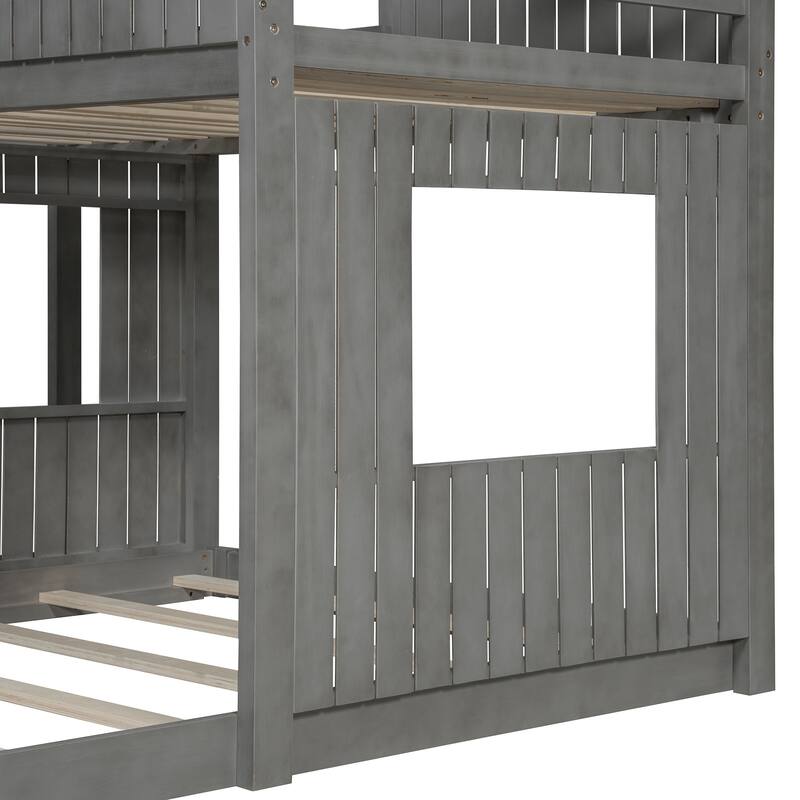 Merax Wooden Twin over Full Bunk Bed with Playhouse, Farmhouse, Ladder and Guardrails