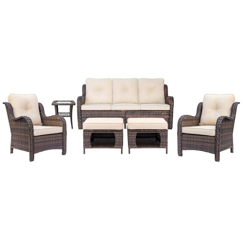 Brown Wicker Outdoor Patio Furniture Sofa Set with Denim Blue Cushions