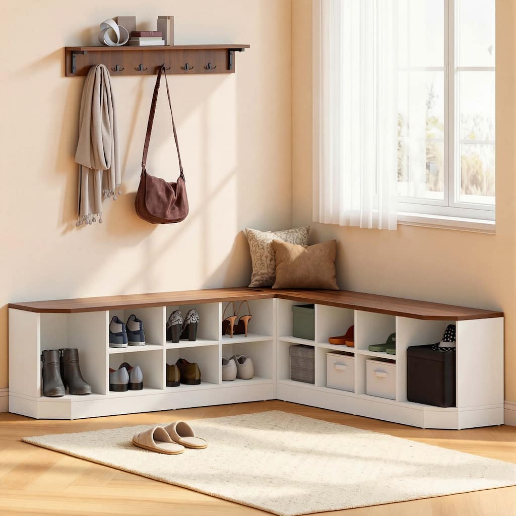 Moasis Corner L-Shaped Shoe Rack with Bench & Hooks