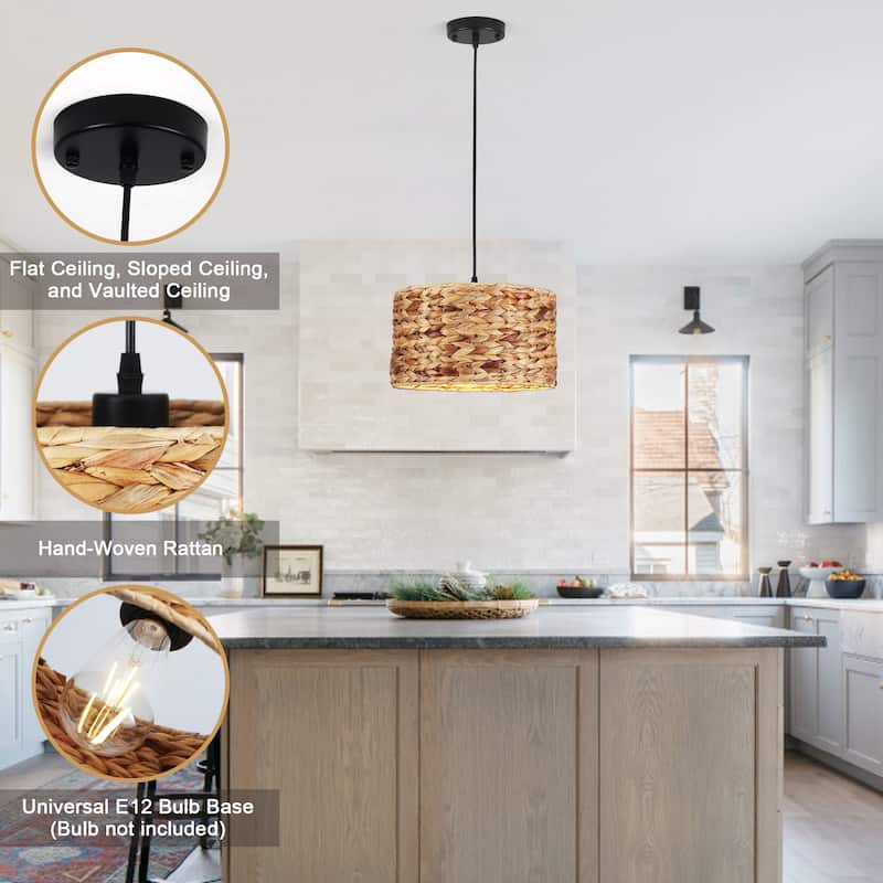 1-Light Hanging Kitchen Pendant Light Island Chandelier Fixture with Rattan Cover for Dining Room