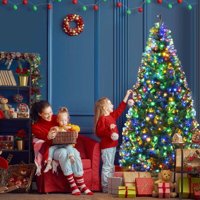 Gymax 7FT Pre-Lit Christmas Tree Hinged Artificial Tree w/ Colorful - 7 ft
