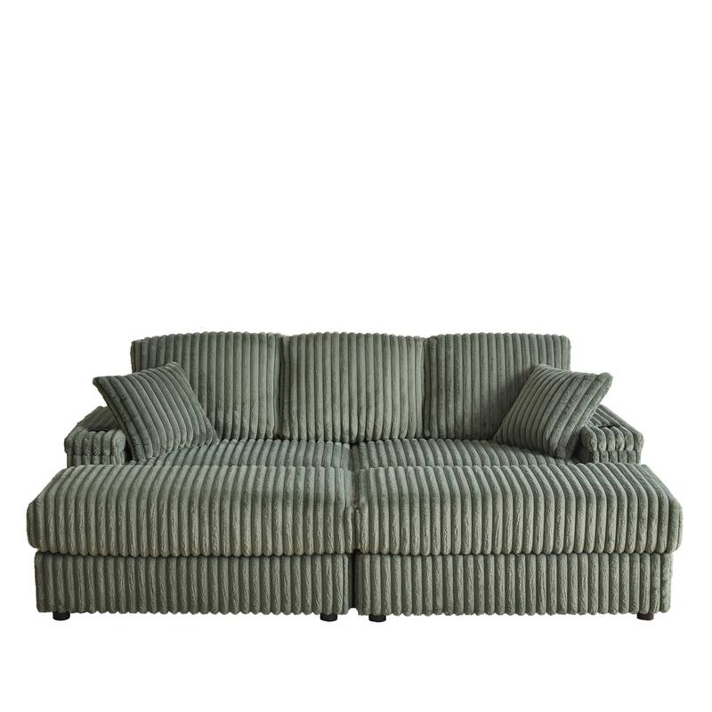 Deep Seat Sectional Loveseat Set with 2 Ottoman and 2 Pillows, Corduroy Chaise Lounge Bed with 2 Storage Spaces and Cupholding