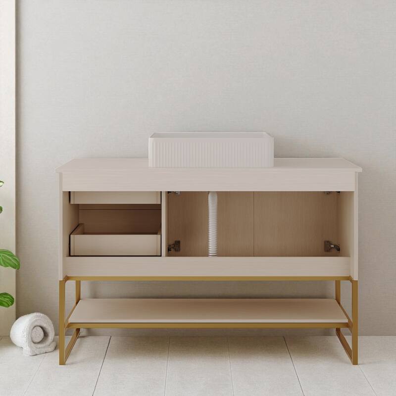 47.2" Modern Bathroom Vanity with Ceramic Vessel Sink, Gold Stainless Steel Base and Storage Cabinet