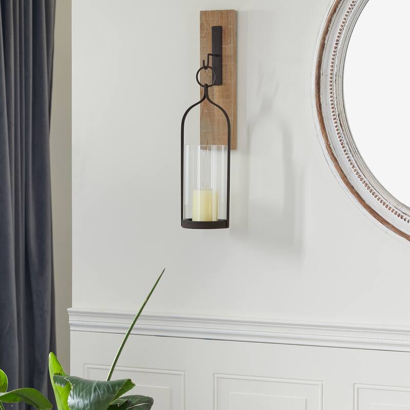 Brown Wood Wall Sconce with Suspended Black Metal and Glass Holder - 6 x 6 x 23 - Brown