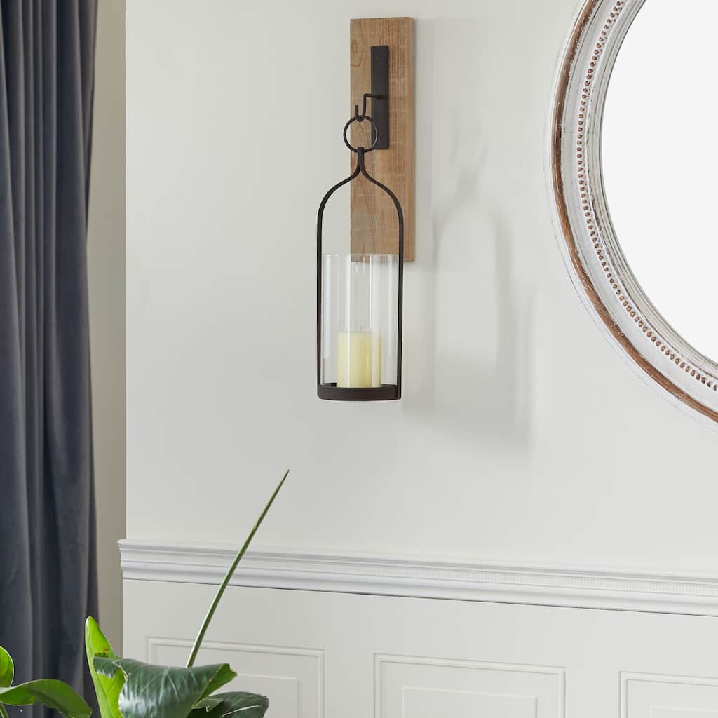 Brown Wood Wall Sconce with Suspended Black Metal and Glass Holder - 6 x 6 x 23