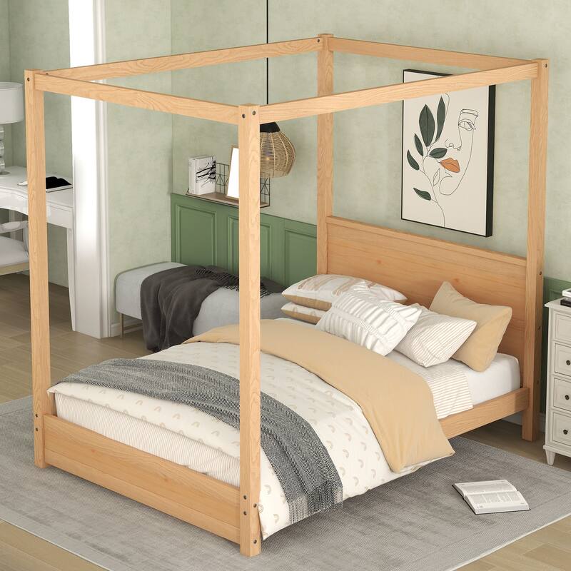 Natural Finish Queen/Full Size Canopy Platform Bed with Headboard