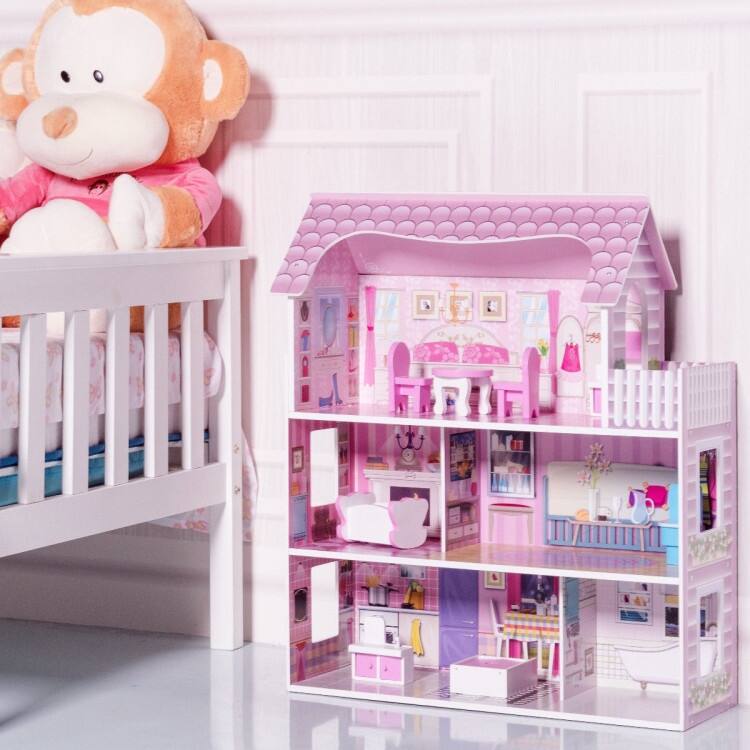 28" Pink Dollhouse with Furniture - 24" x 11" x 28" - Kids - Assembly Required