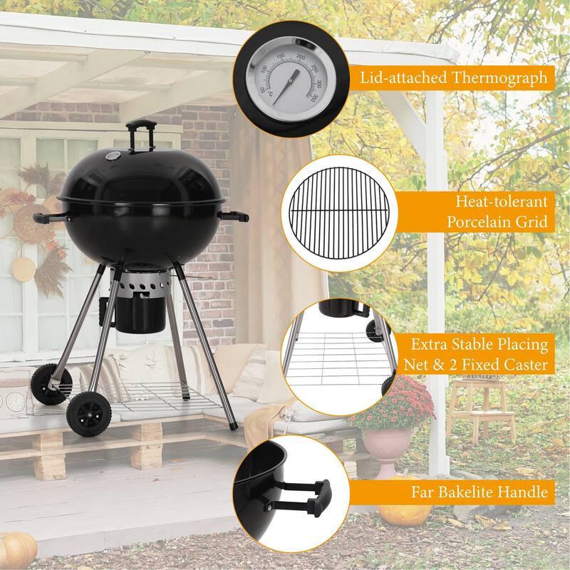 22" Kettle Enamel Charcoal Patio Grill with Built-in Thermometer