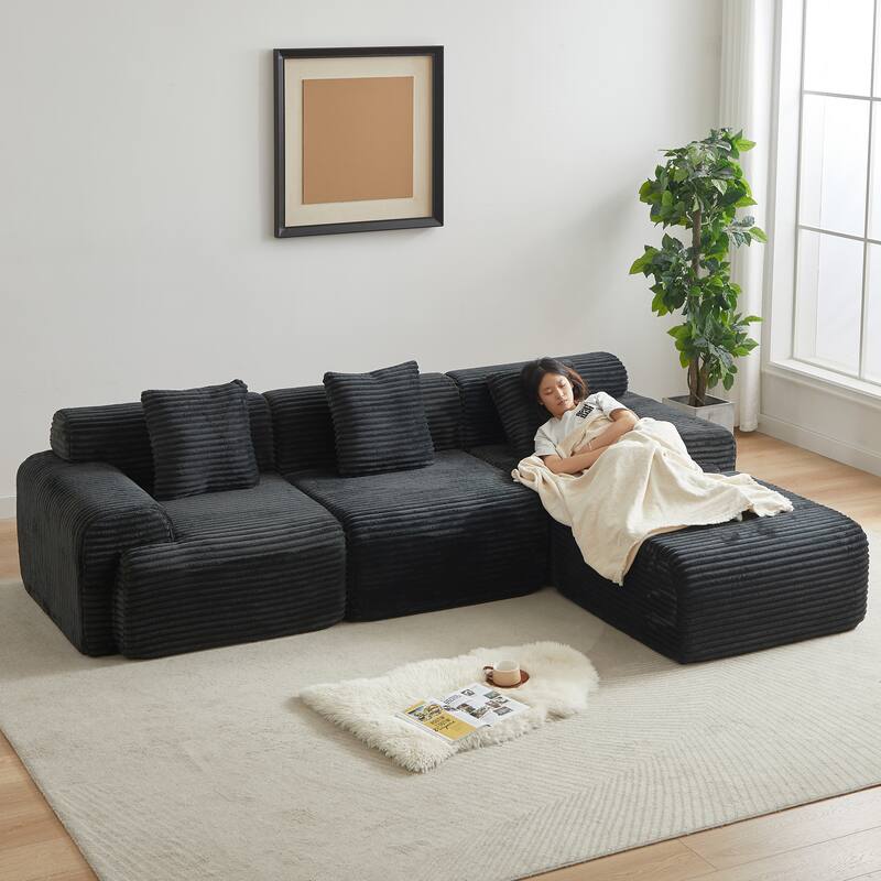 L-Shaped Modular Sectional Sofa with Ottoman, Corduroy Upholstered Boneless Couch, Deep Seat Sofa with Throw Pillows