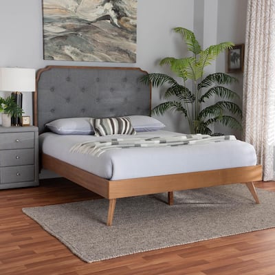 Lorana Mid-Century Modern Grey Fabric and Walnut Brown Wood Queen Size Platform Bed