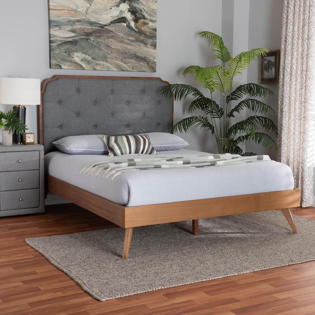 Lorana Mid-Century Modern Grey Fabric and Walnut Brown Wood Queen Size Platform Bed