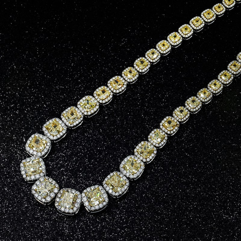 House Of Leon 18K White Gold Graduated Cushion Cut Canary Yellow Diamond Chain 74.25ct