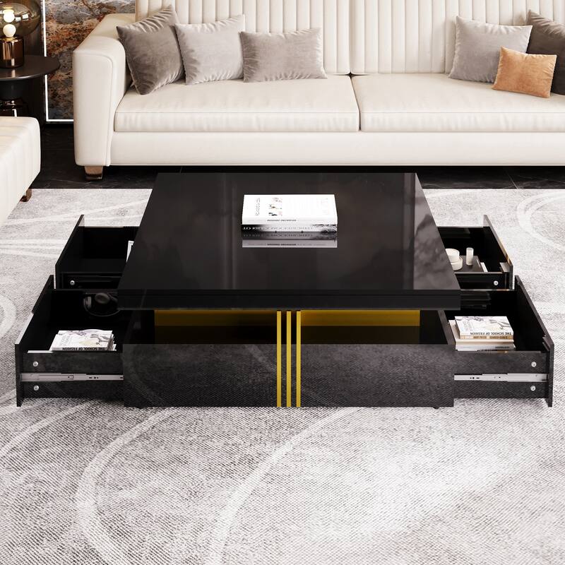 43.3" Modern Square Coffee Table with 4 Hidden Drawers, Glossy Living Room Table with Gold Accents, Space-Saving Storage Table