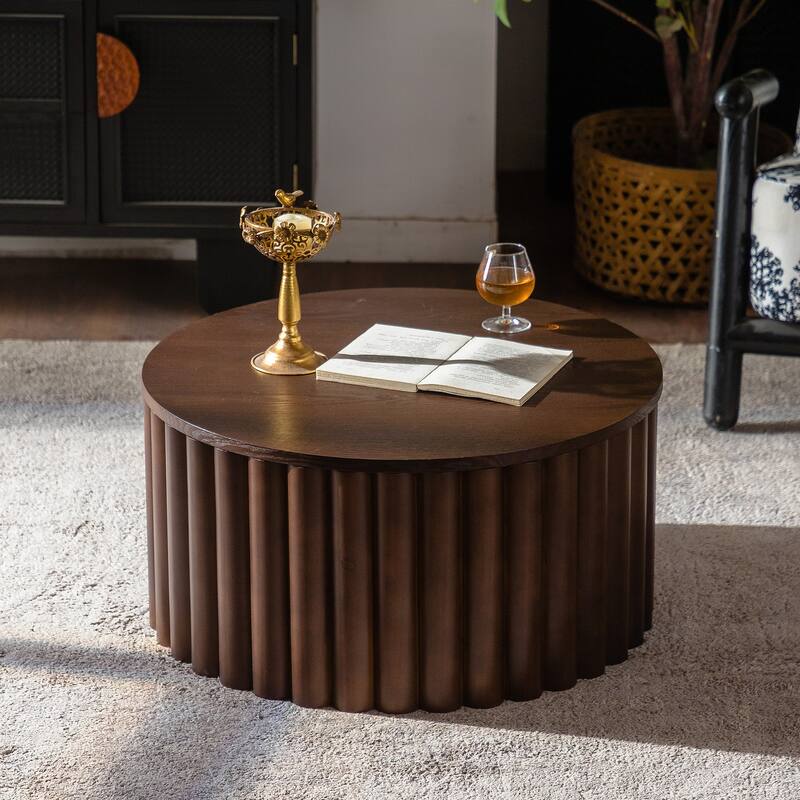 Round Coffee Table With Lift Handcrafted Relief Sturdy Pedestal Wooden Tea Table