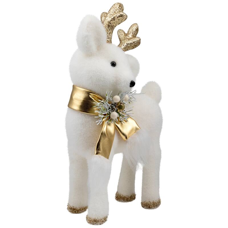Glittered Standing Deer with Jingle Bell Christmas Figure - 12.25" - White and Gold
