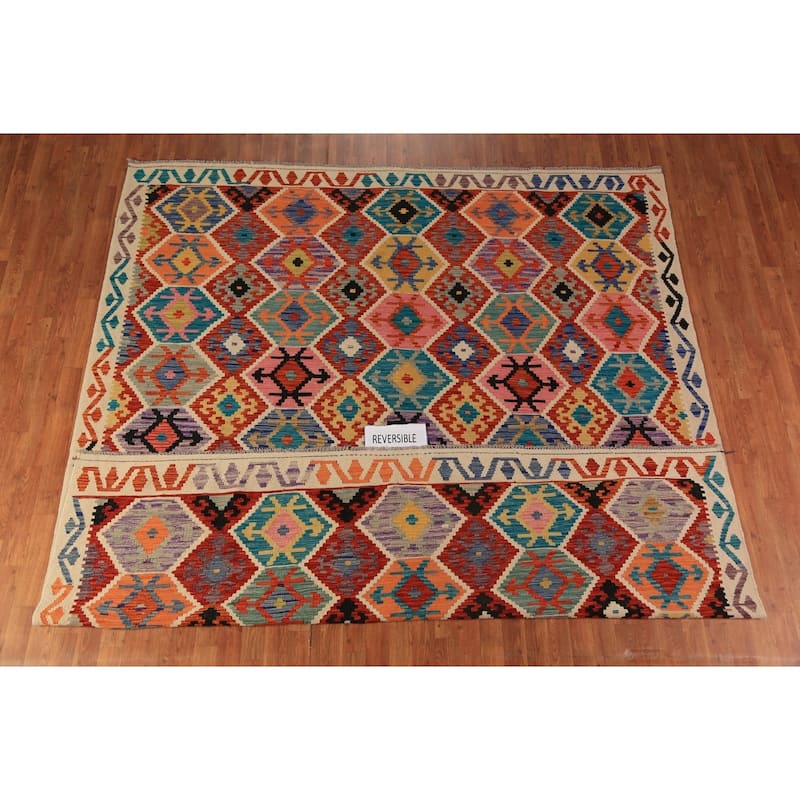 Geometric Kilim Oriental Area Rug Hand-Woven Multi-Color Wool Carpet - 8'9"x 9'7"