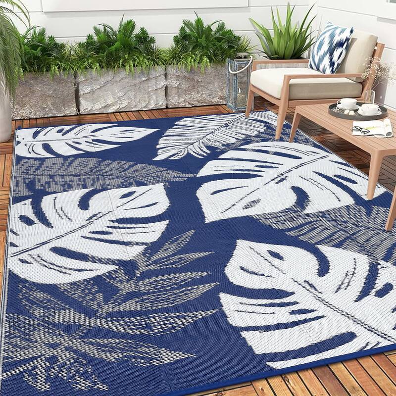 Outdoor Rug Waterproof Reversible Rug Modern Leaves Plastic Straw Area Rug - 10'x20' - Dark Blue White