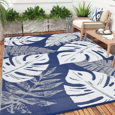 Outdoor Rug Waterproof Reversible Rug Modern Leaves Plastic Straw Area Rug